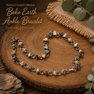 Boho Earth Natural Stone Chip Anklet Silver Tone Multi Color Ankle Bracelet